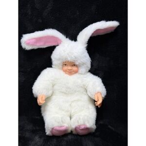 VTG Anne Geddes White Bunny Rabbit Plush Baby Doll Blue Eyes Vinyl Face & Hands